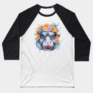 Watercolor Floral Hippo Baseball T-Shirt